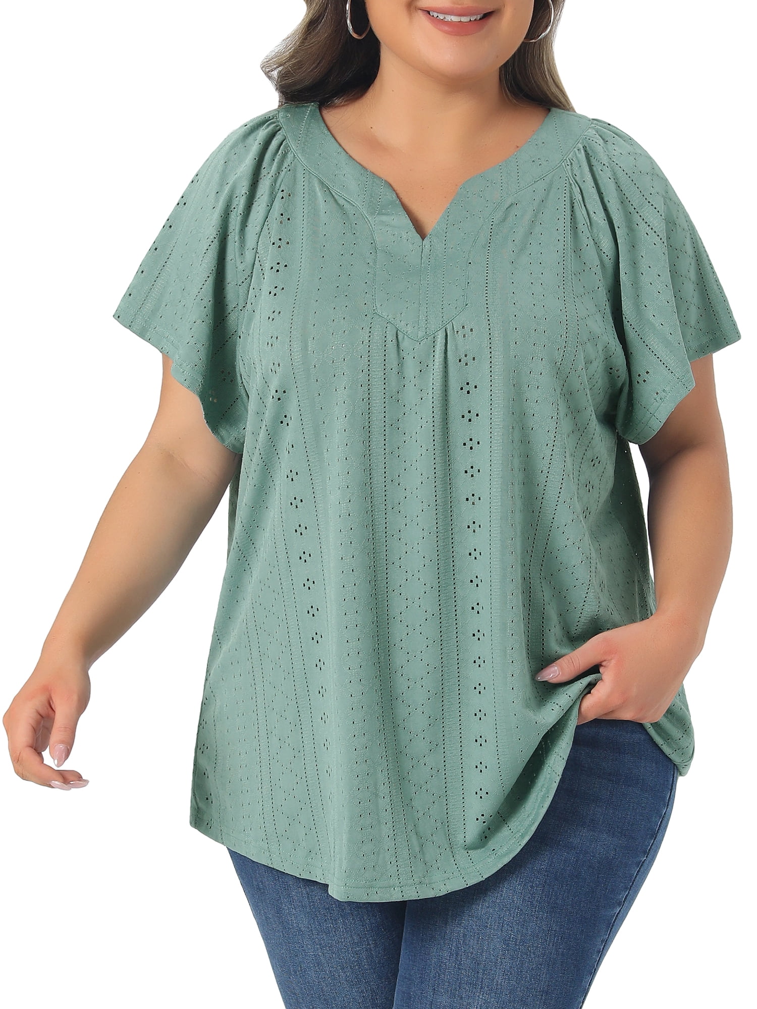 Women's Plus V Neck Short Sleeve Eyelet Embroidery Casual Blouse 2X Green