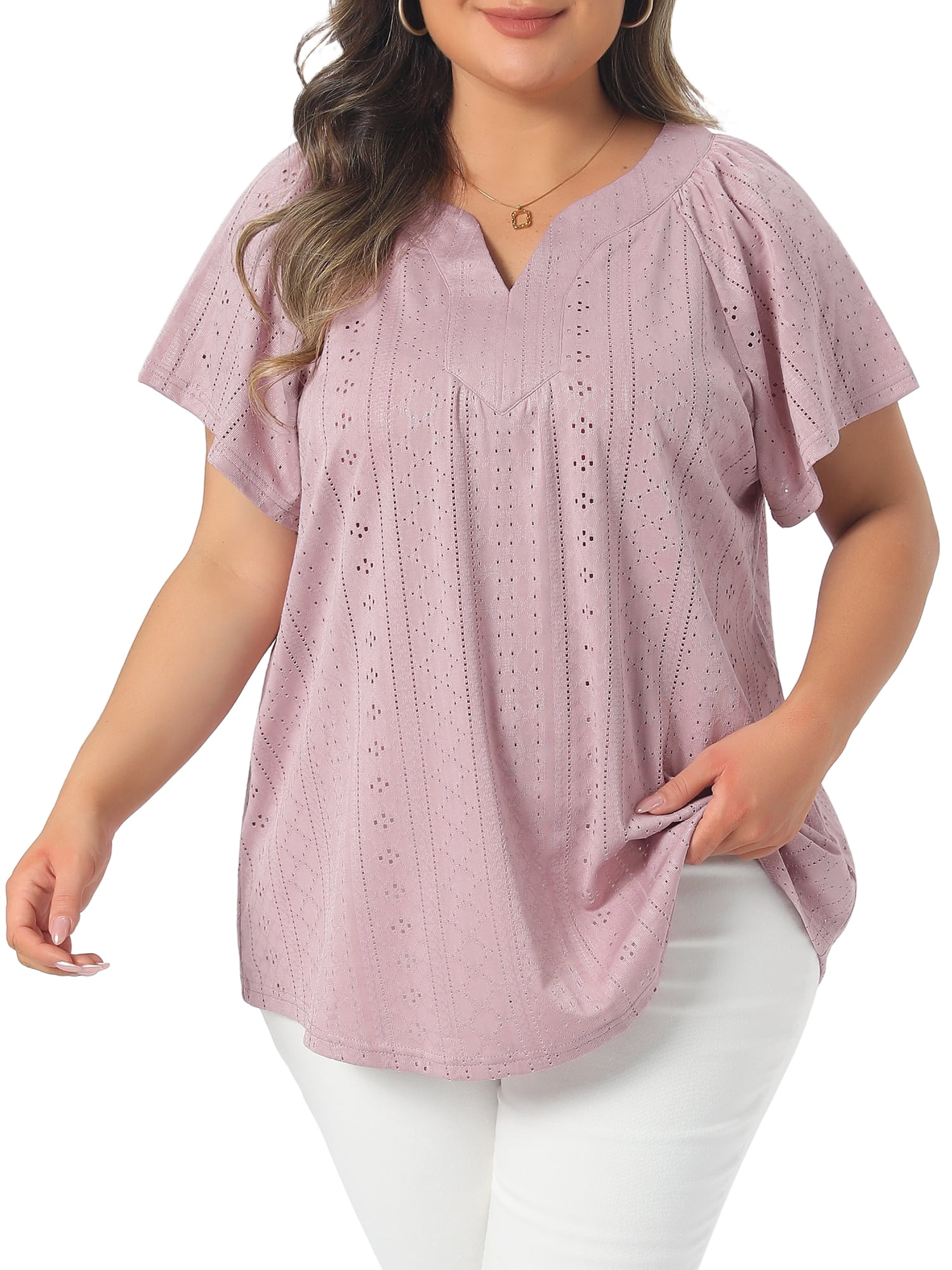 Women's Plus V Neck Short Sleeve Eyelet Embroidery Casual Blouse 4X Pink