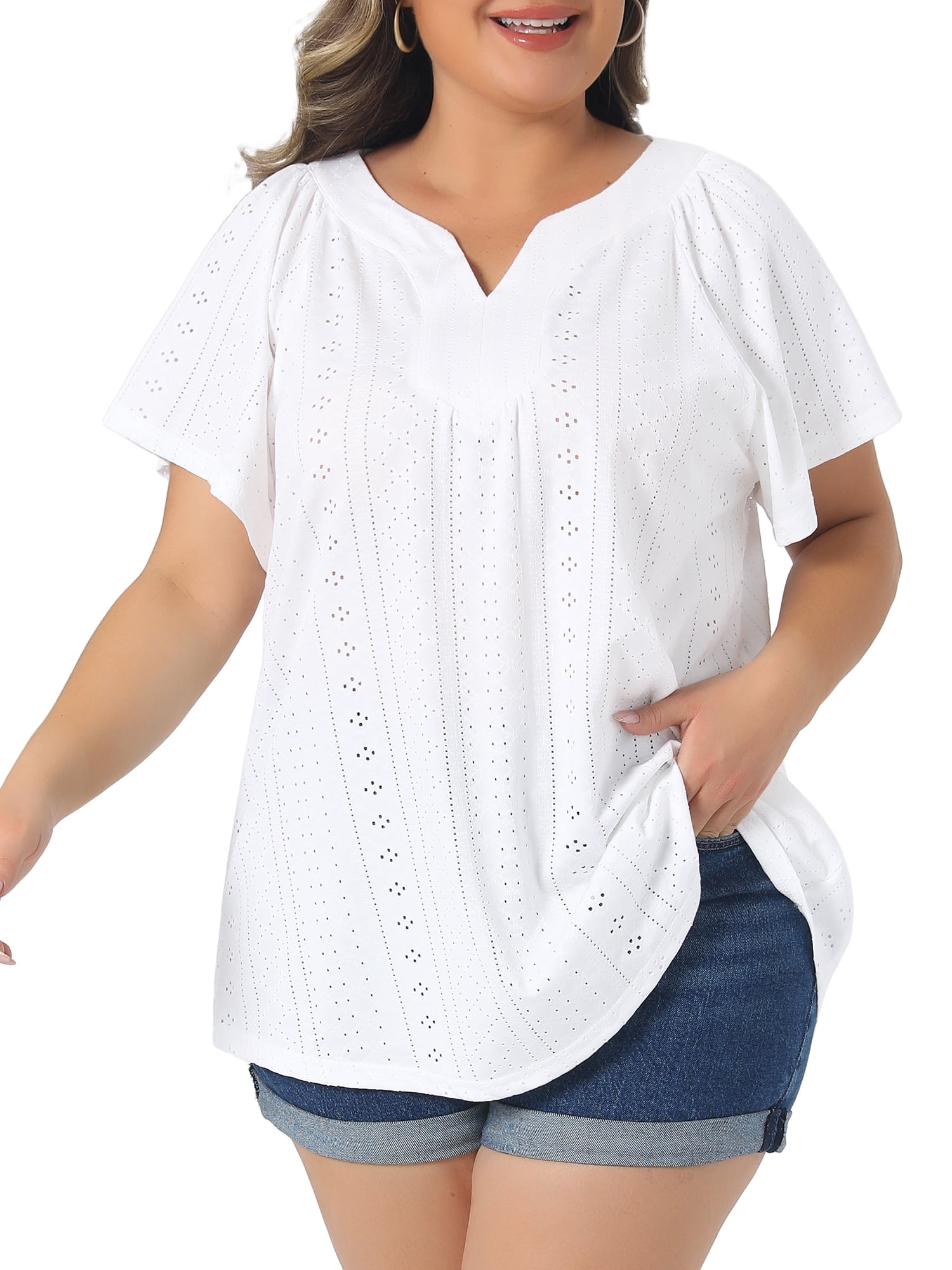 Women's Plus V Neck Short Sleeve Eyelet Embroidery Casual Blouse 4X White