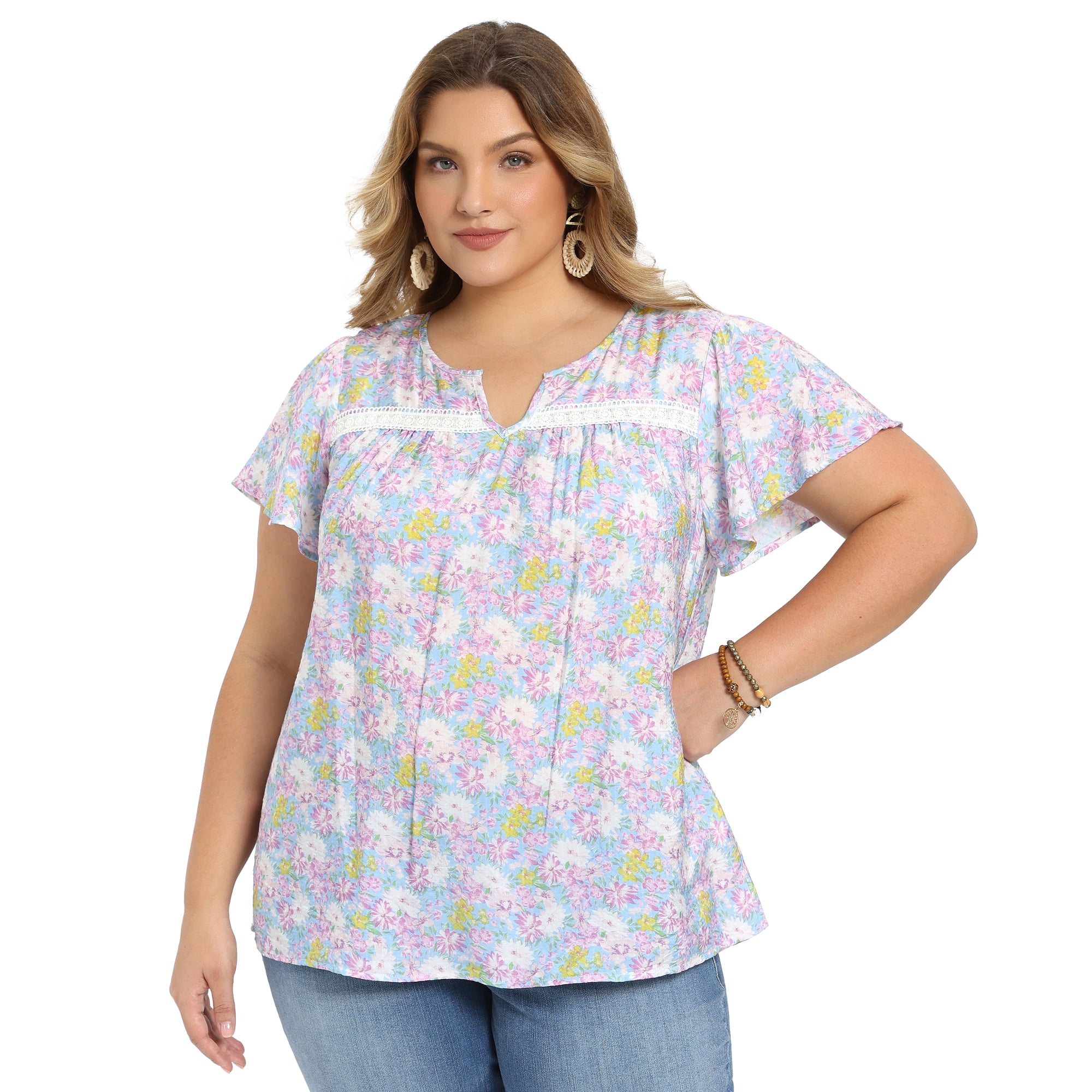 DARING DIVA Women's Plus Notch V Neck Ruffle Sleeve Floral Top 1X Light Purple
