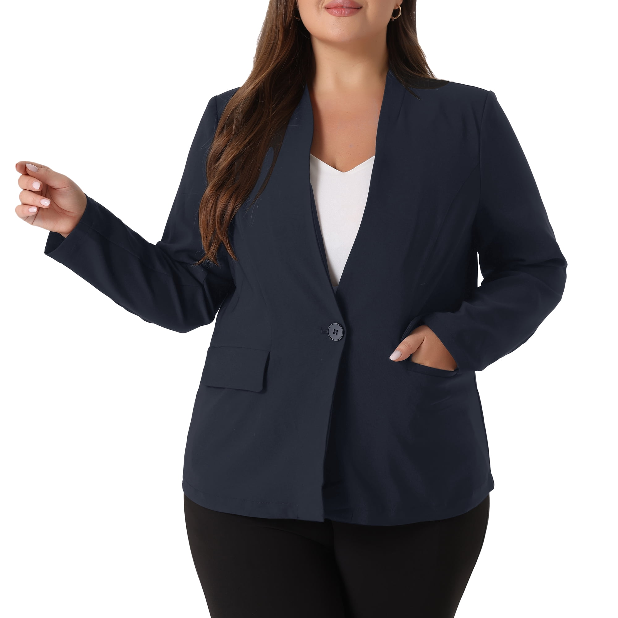DARING DIVA Women's Plus Notched Lapel Long Sleeve Office Work Blazer Jacket 3X Navy Blue
