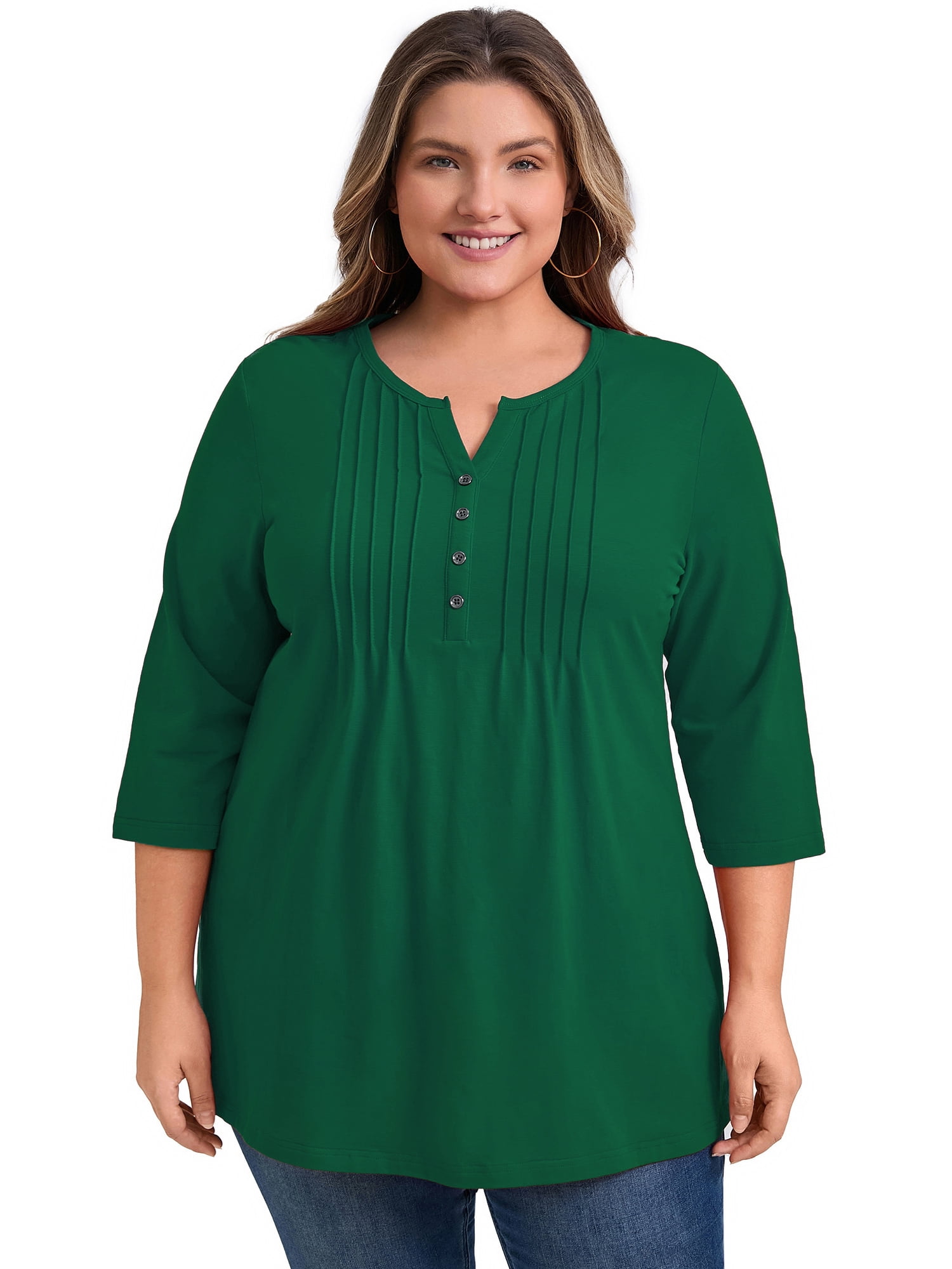 Women's Plus Notched Neck 3/4 Sleeve Front Pleated Button Decor Blouses Dressy Casual 1X Dark Green