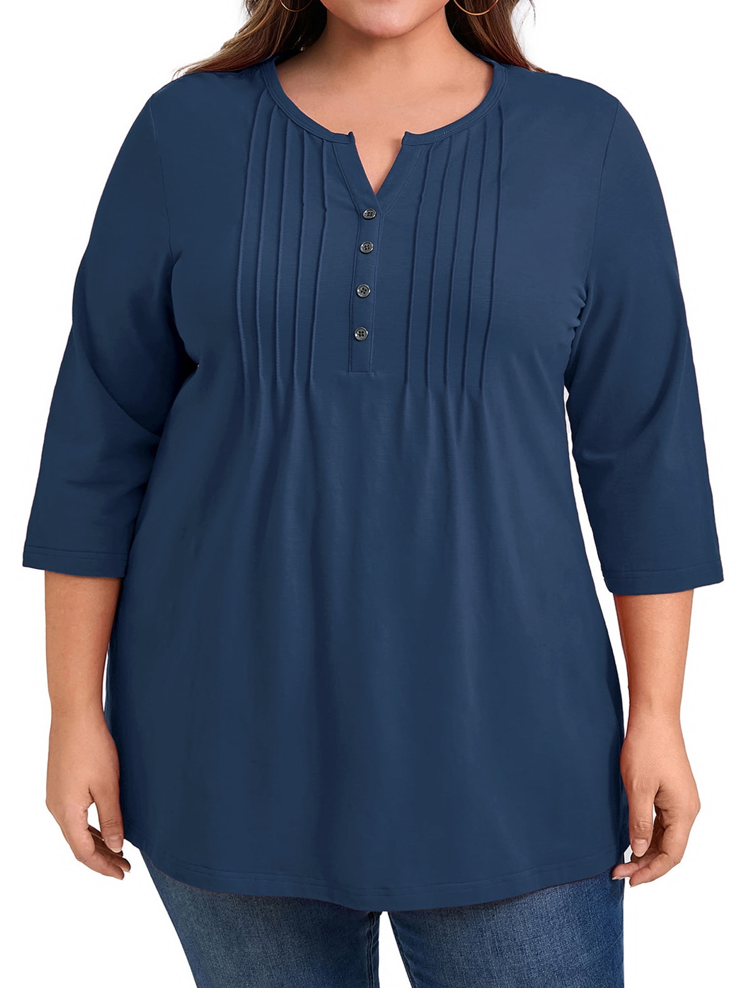 Women's Plus Notched Neck 3/4 Sleeve Front Pleated Button Decor Blouses Dressy Casual 1X Navy Blue