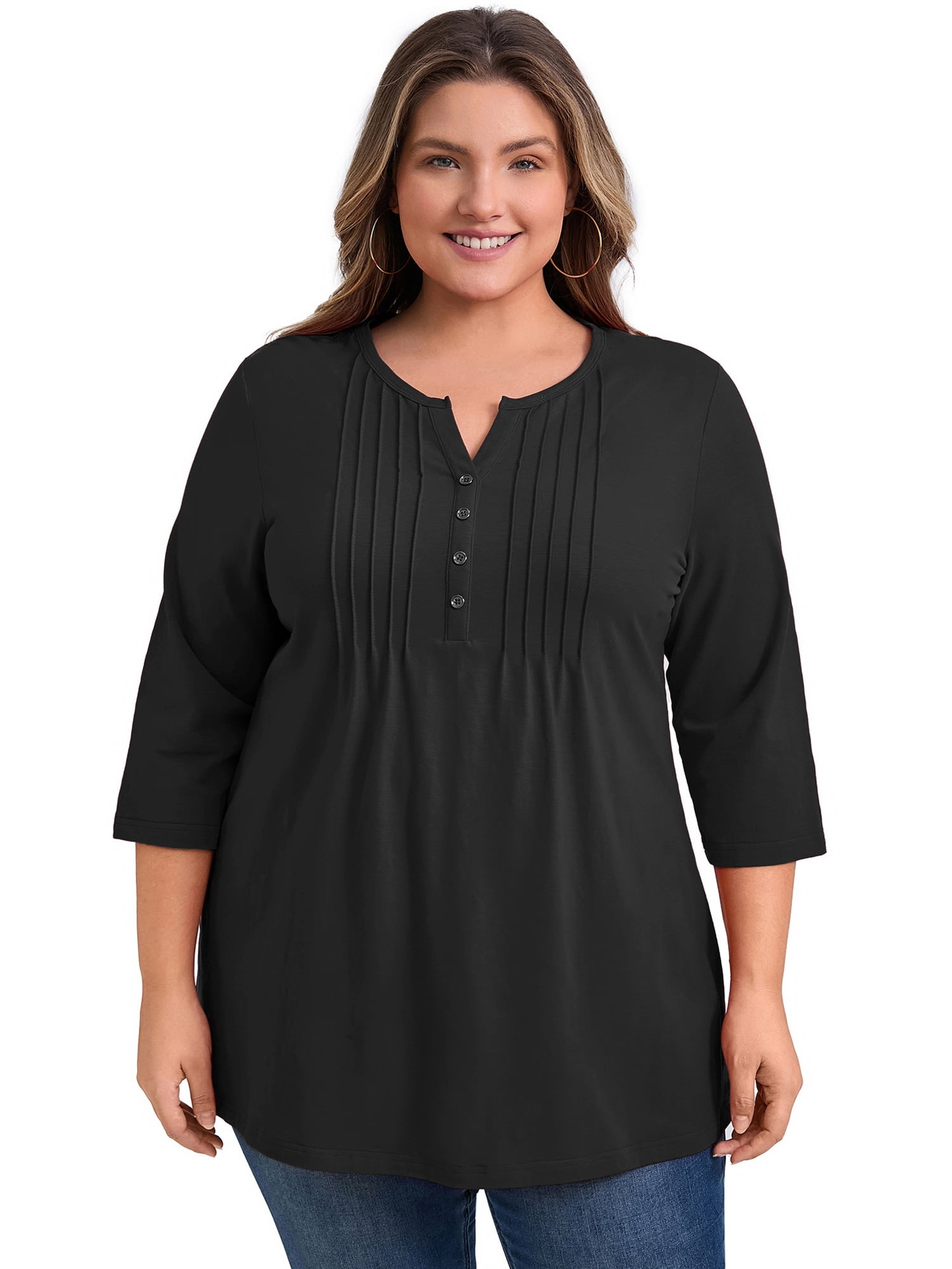 Women's Plus Notched Neck 3/4 Sleeve Front Pleated Button Decor Blouses Dressy Casual 2X Black
