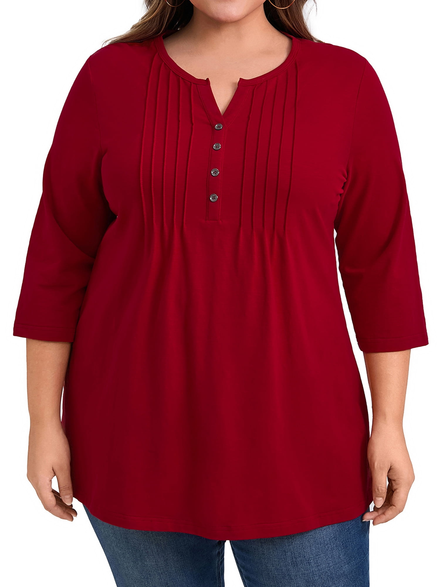 Women's Plus Notched Neck 3/4 Sleeve Front Pleated Button Decor Blouses Dressy Casual 3X Red