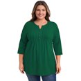 thumbnail image 1 of DARING DIVA Women's Plus Notched Neck 3/4 Sleeve Front Pleated Blouse 4X Dark Green, 1 of 5