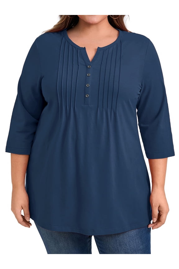 Women's Plus Notched Neck 3/4 Sleeve Front Pleated Button Decor Blouses Dressy Casual 4X Navy Blue