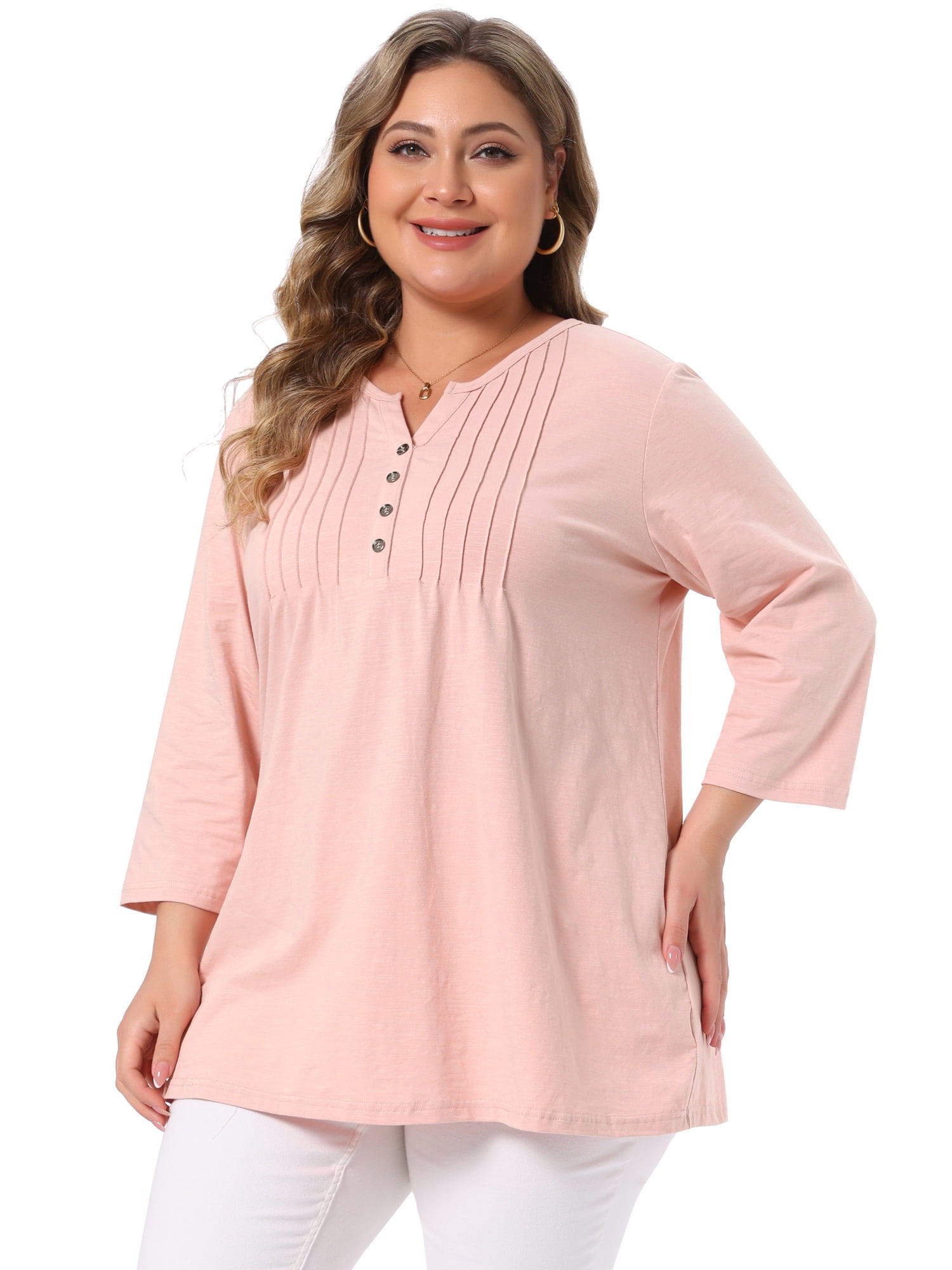DARING DIVA Women's Plus Notched Neck 3/4 Sleeve Front Pleated Button Blouses 2X Pink