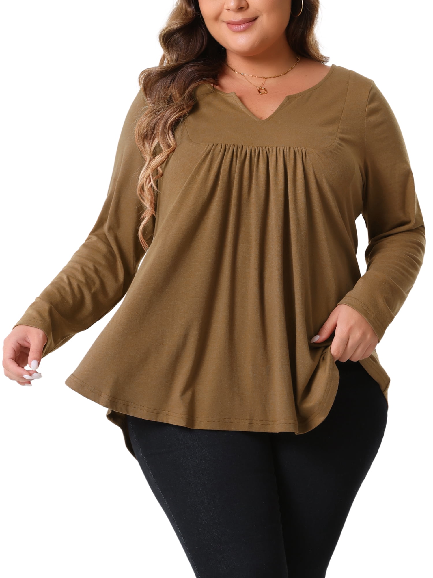 DARING DIVA Women's Plus Tops Notched Neck Front Pleated T-Shirt Blouses 1X Brown