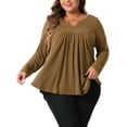 thumbnail image 1 of DARING DIVA Women's Plus Tops Notched Neck Front Pleated T-Shirt Blouses 1X Brown, 1 of 6