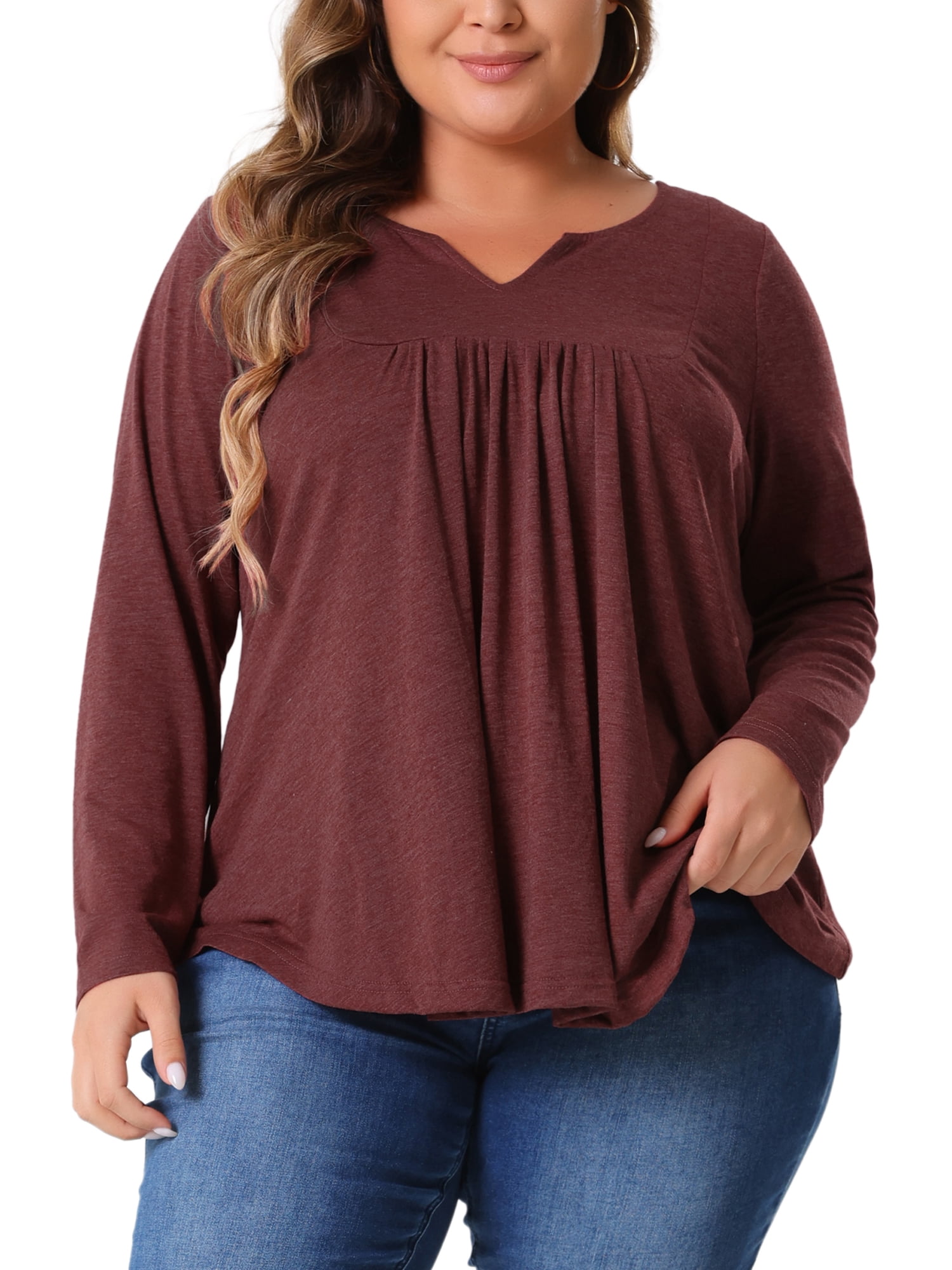 DARING DIVA Women's Plus Tops Notched Neck Front Pleated T-Shirt Blouses 1X Burgundy