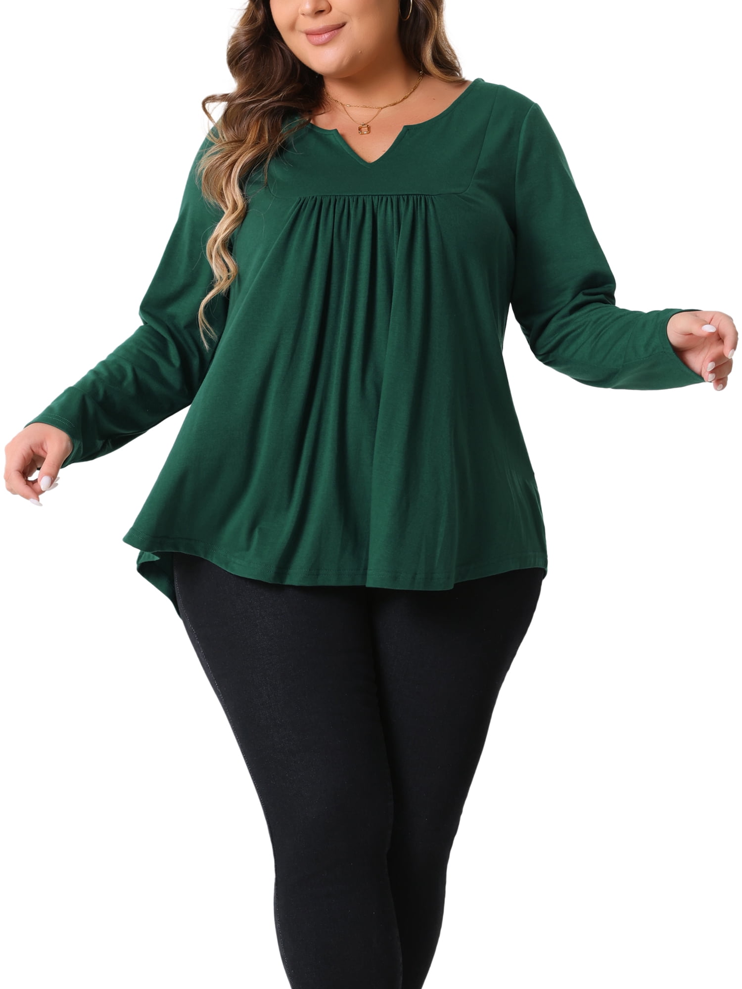 DARING DIVA Women's Plus Tops Notched Neck Front Pleated T-Shirt Blouses 1X Dark Green