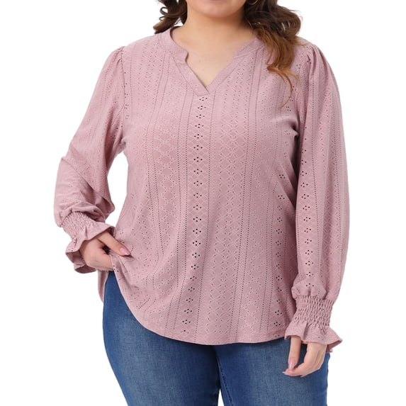DARING DIVA Women's Plus Notched V Neck Eyelet Smocked Shirts Blouses 1X Gray Pink