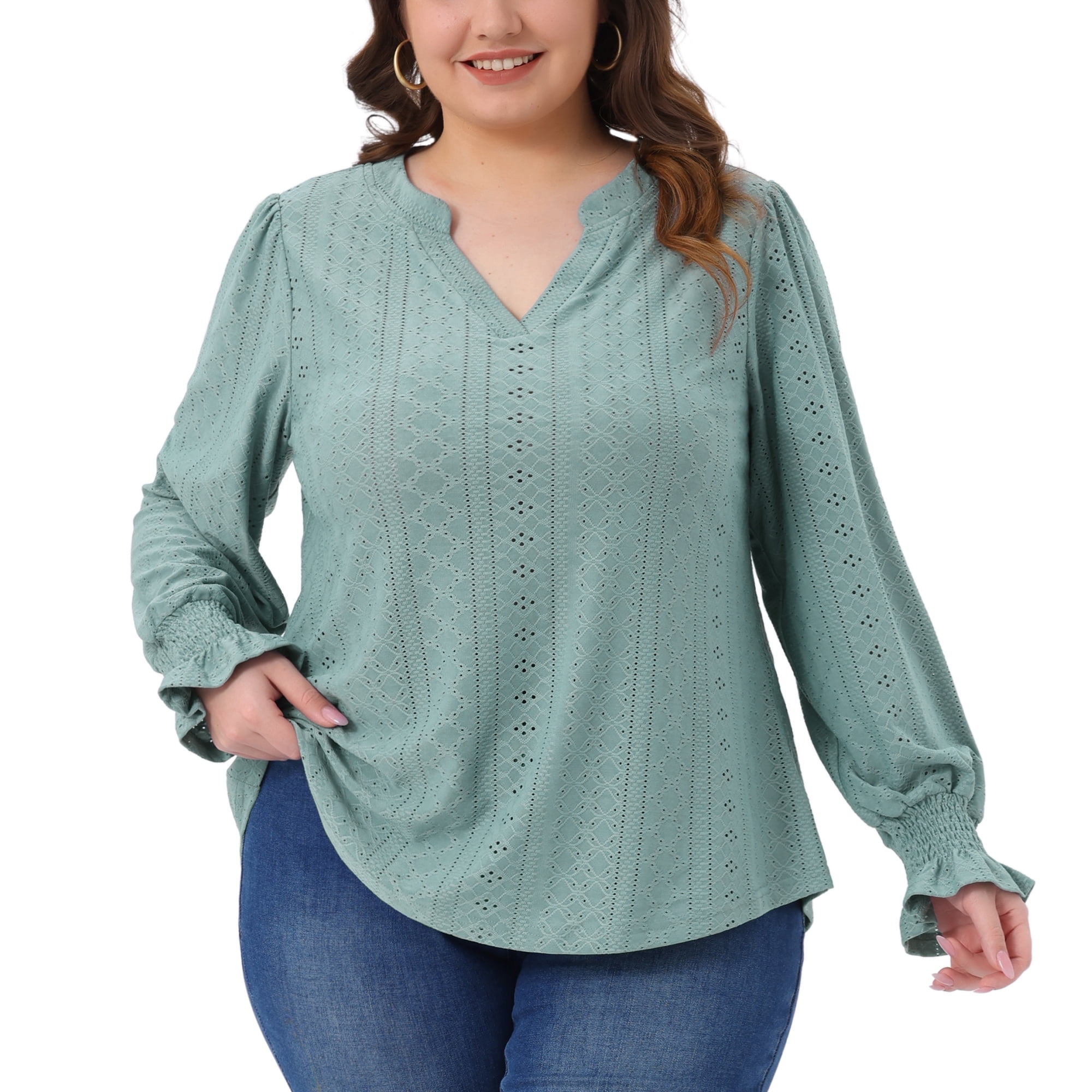 DARING DIVA Women's Plus Notched V Neck Eyelet Smocked Shirts Blouses 2X Bean Green