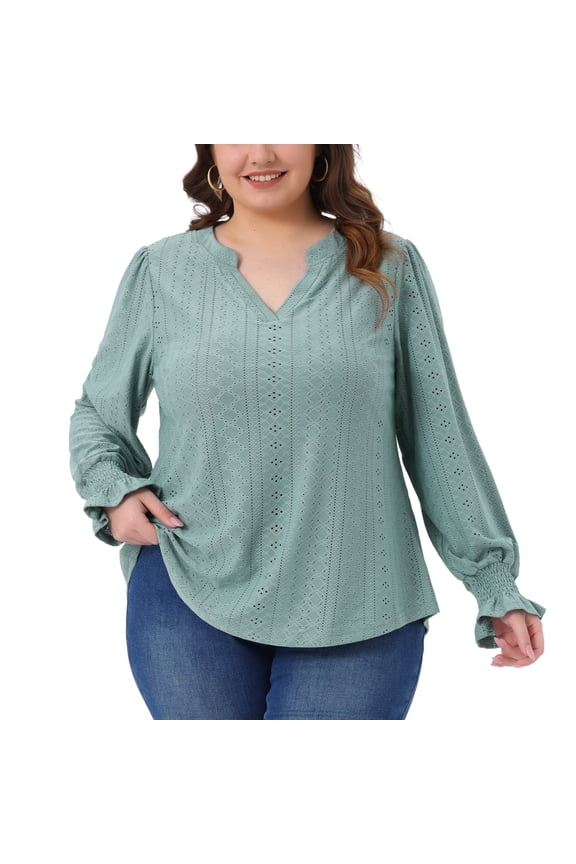 Women's Plus Notched V Neck Eyelet Smocked Shirts Blouses 3X Bean Green