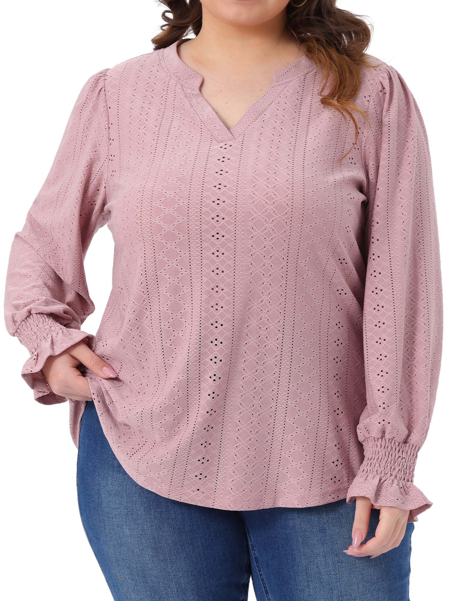 DARING DIVA Women's Plus Notched V Neck Eyelet Smocked Shirts Blouses 4X Gray Pink
