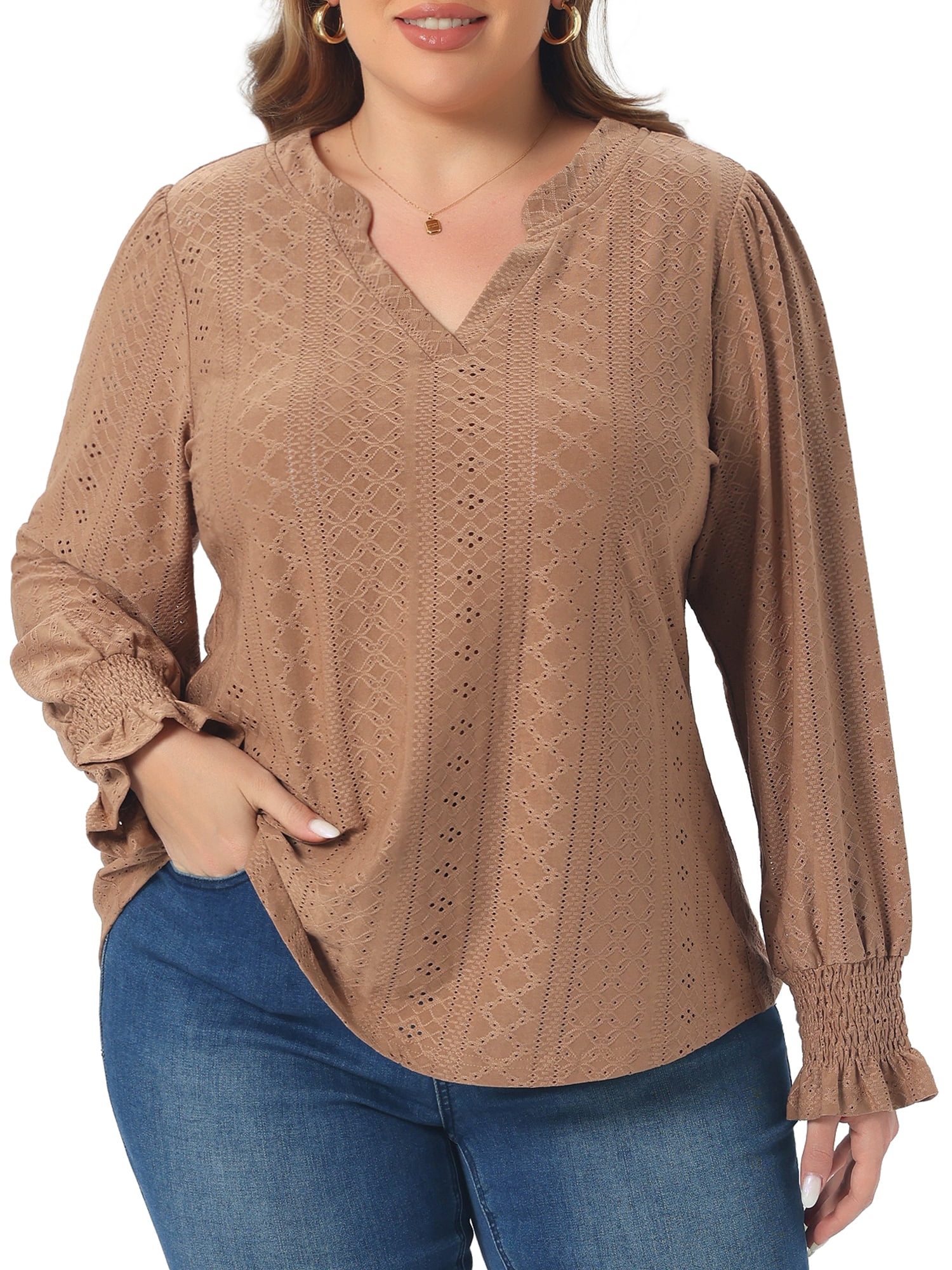 DARING DIVA Women's Plus Notched V Neck Eyelet Smocked Shirts Blouses 1X Brown