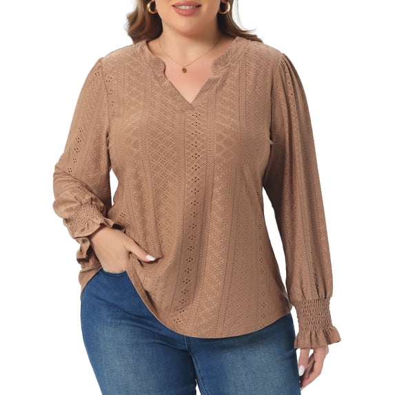 DARING DIVA Women's Plus Notched V Neck Eyelet Smocked Shirts Blouses 4X Brown