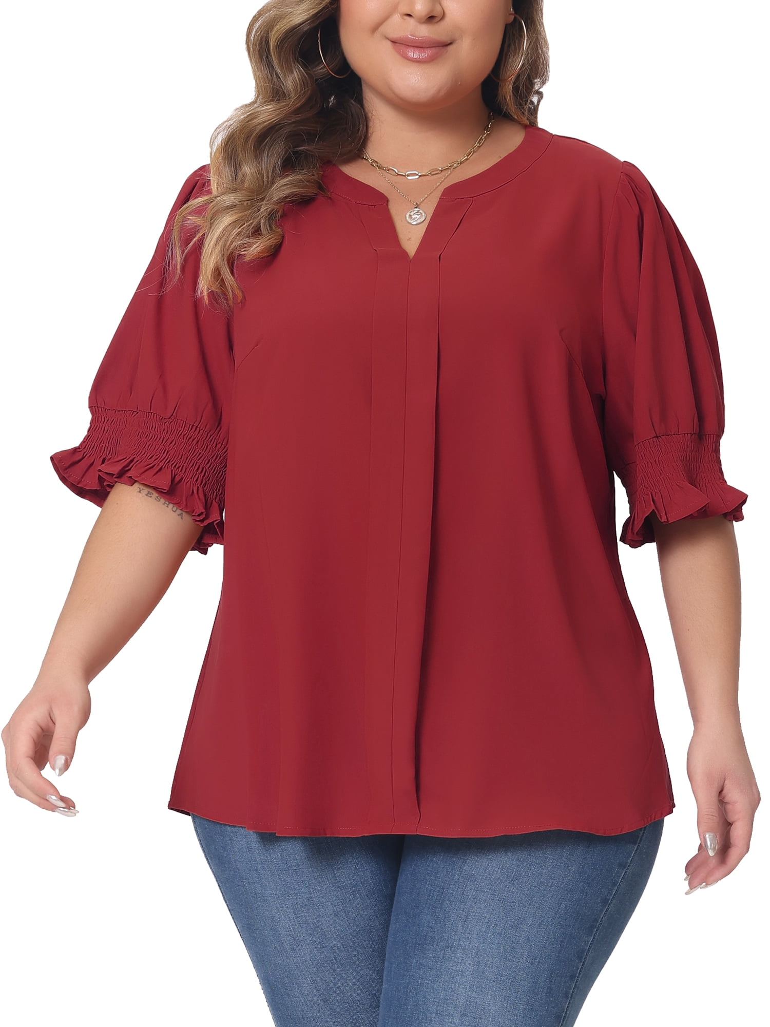 DARING DIVA Women's Plus Top Notched V Neck Puff Blouse Tops 1X Burgundy