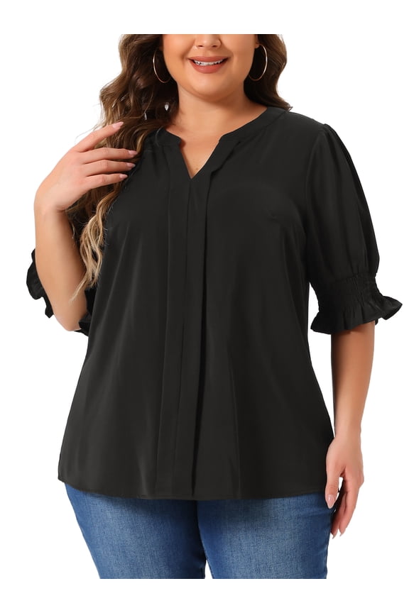 Women's Plus Notched V Neck Puff Short Sleeve Blouse 2XL Black