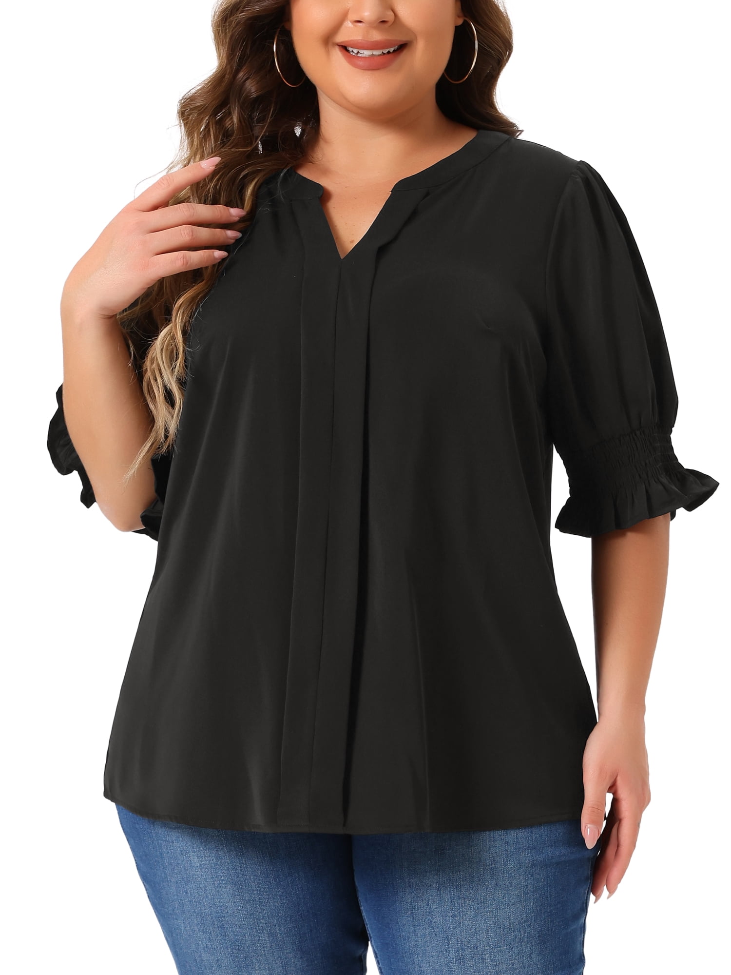 DARING DIVA Women's Plus Top Notched V Neck Puff Blouse Tops 1X Black