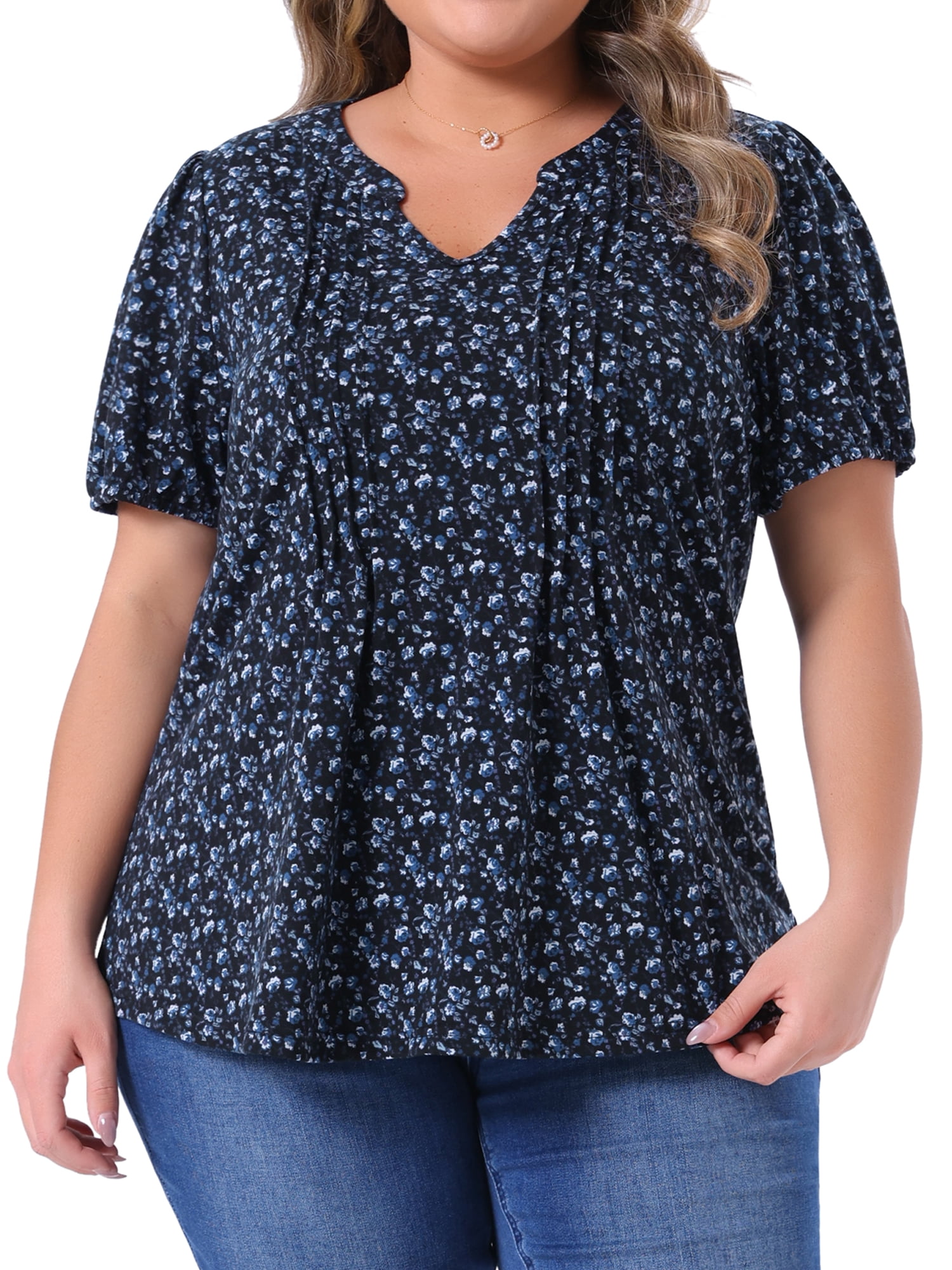 Women's Plus Short Sleeve Pleated T-Shirts Notched V Neck Floral Tops 1X Blue