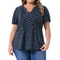 thumbnail image 1 of DARING DIVA Women's Plus Pleated T-Shirts Notched V Neck Floral Tops 2X Blue, 1 of 6