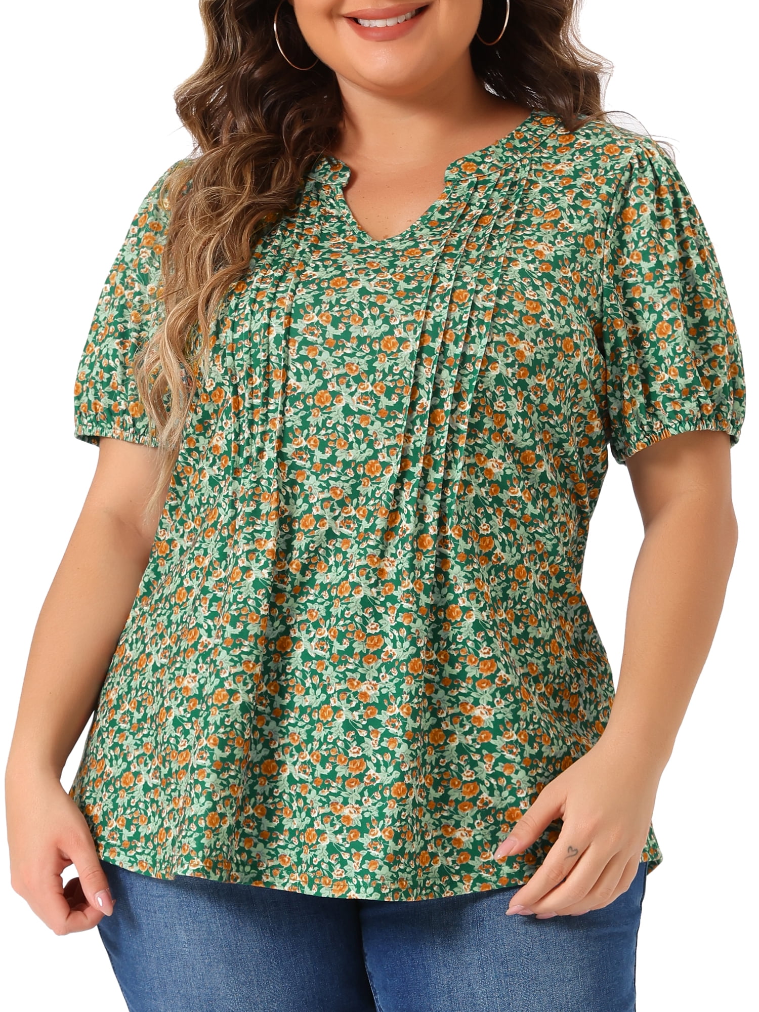Women's Plus Short Sleeve Pleated T-Shirts Notched V Neck Floral Tops 2X Green