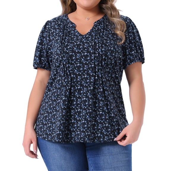 DARING DIVA Women's Plus Notched V Neck Short Sleeve Floral Blouse 3X Blue