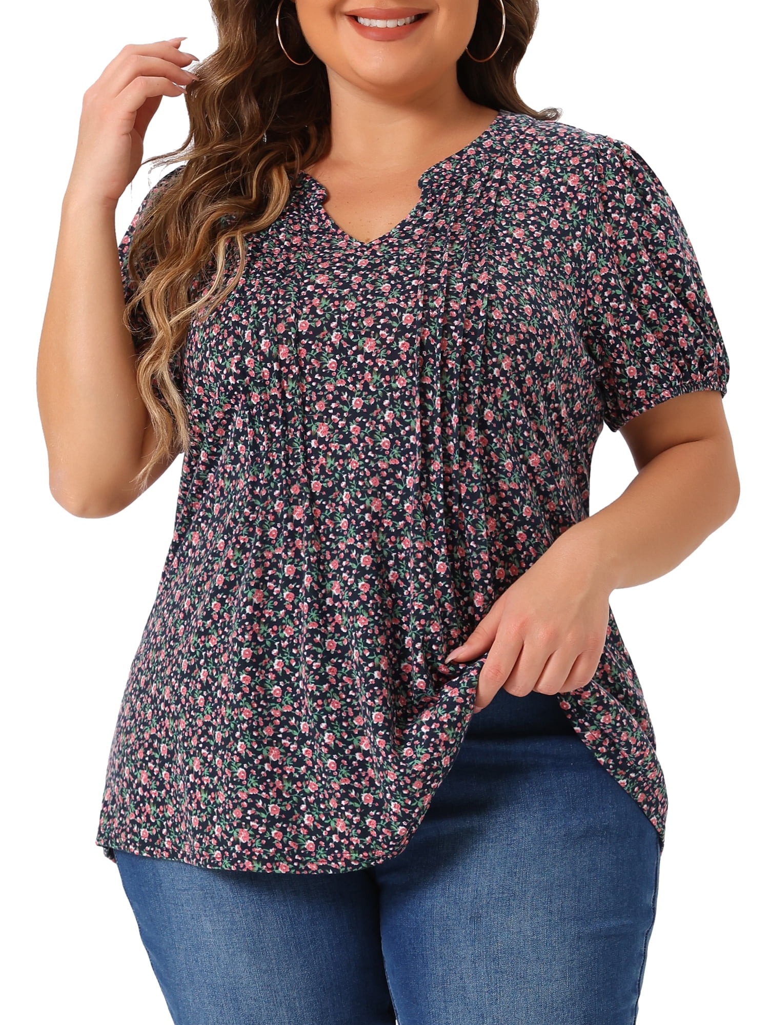 Women's Plus Short Sleeve Pleated T-Shirts Notched V Neck Floral Tops 3X Navy Blue