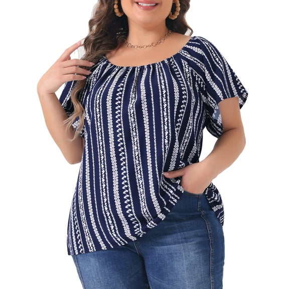 DARING DIVA Women's Plus Off Shoulder Short Sleeve Boho Casual Blouse 4X Dark Blue