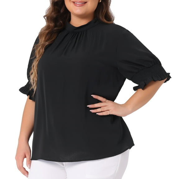 DARING DIVA Women's Plus Office Pleated Short Puff Sleeves Mock Neck Top 1X Black