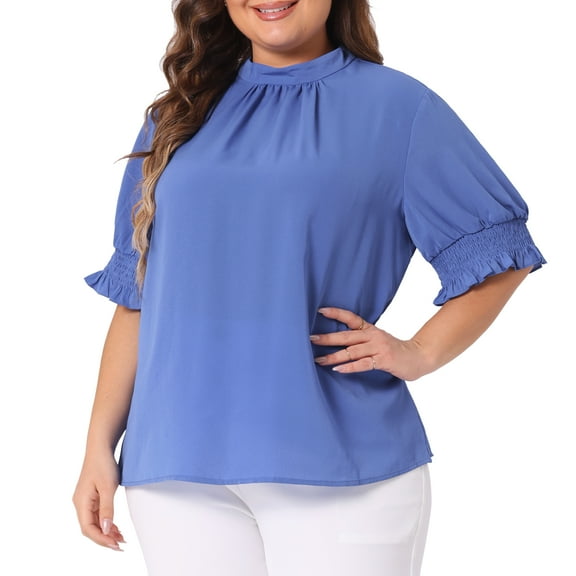 DARING DIVA Women's Plus Office Pleated Short Puff Sleeves Mock Neck Top 1X Blue