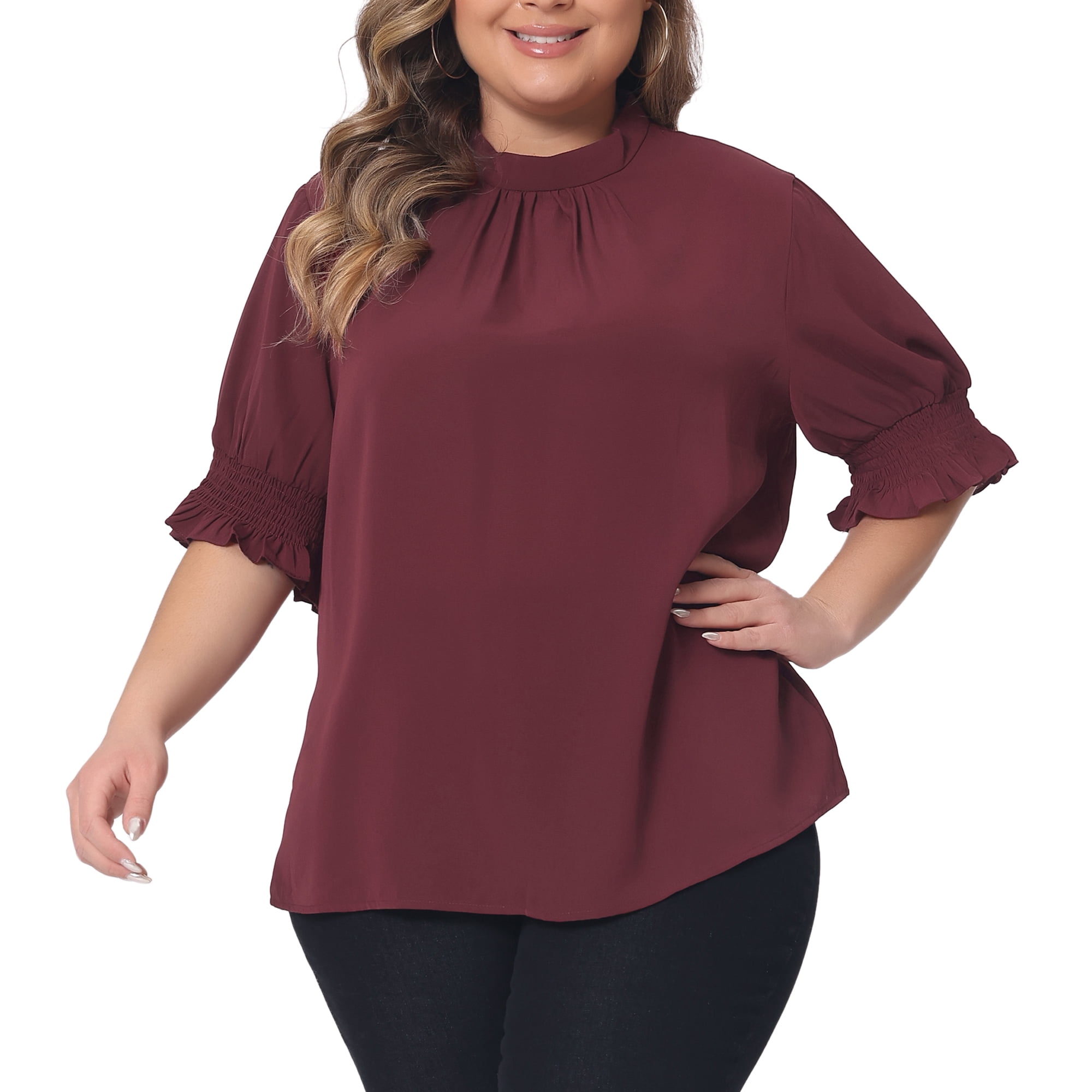 DARING DIVA Women's Plus Office Pleated Short Puff Sleeves Mock Neck Top 1X Burgundy