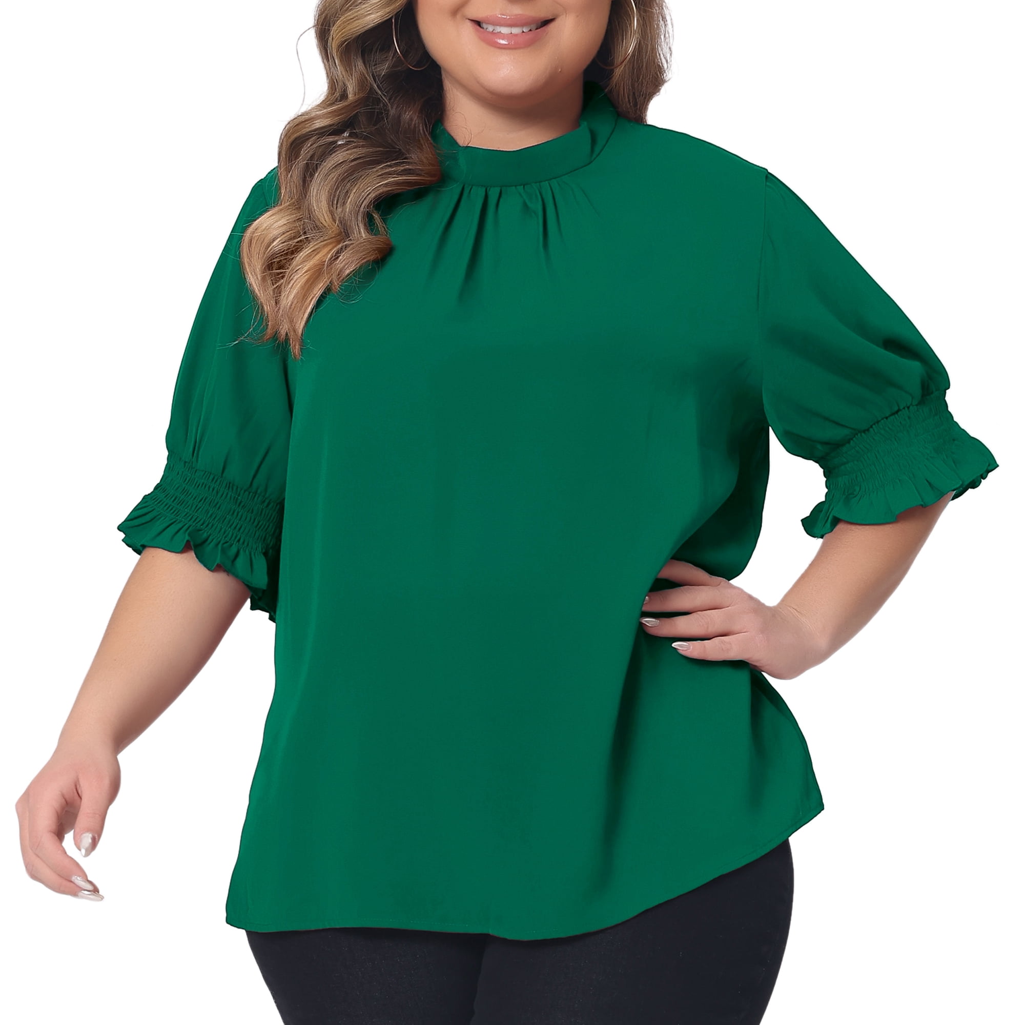 DARING DIVA Women's Plus Office Pleated Short Puff Sleeves Mock Neck Top 2X Green