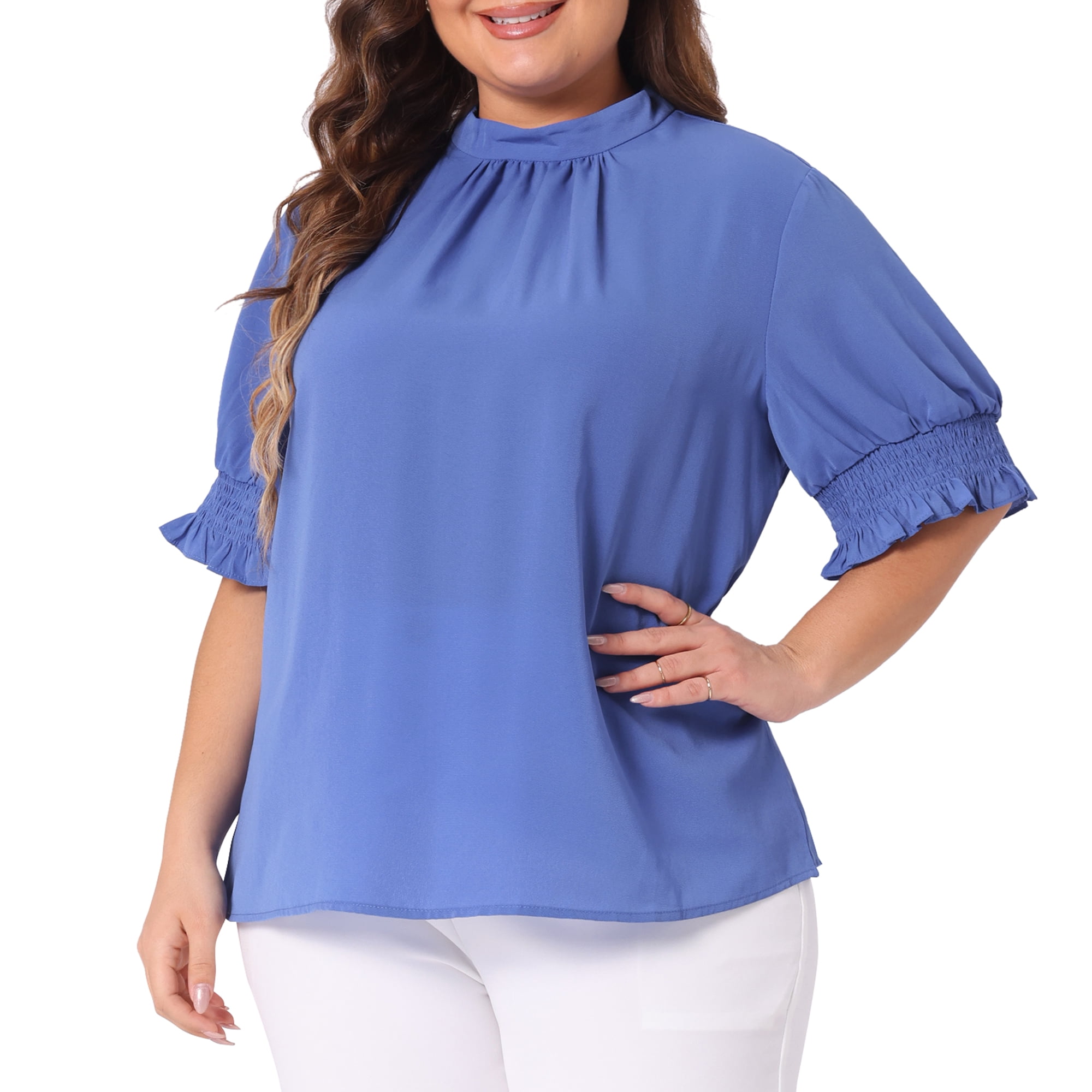 DARING DIVA Women's Plus Office Pleated Short Puff Sleeves Mock Neck Top 4X Blue