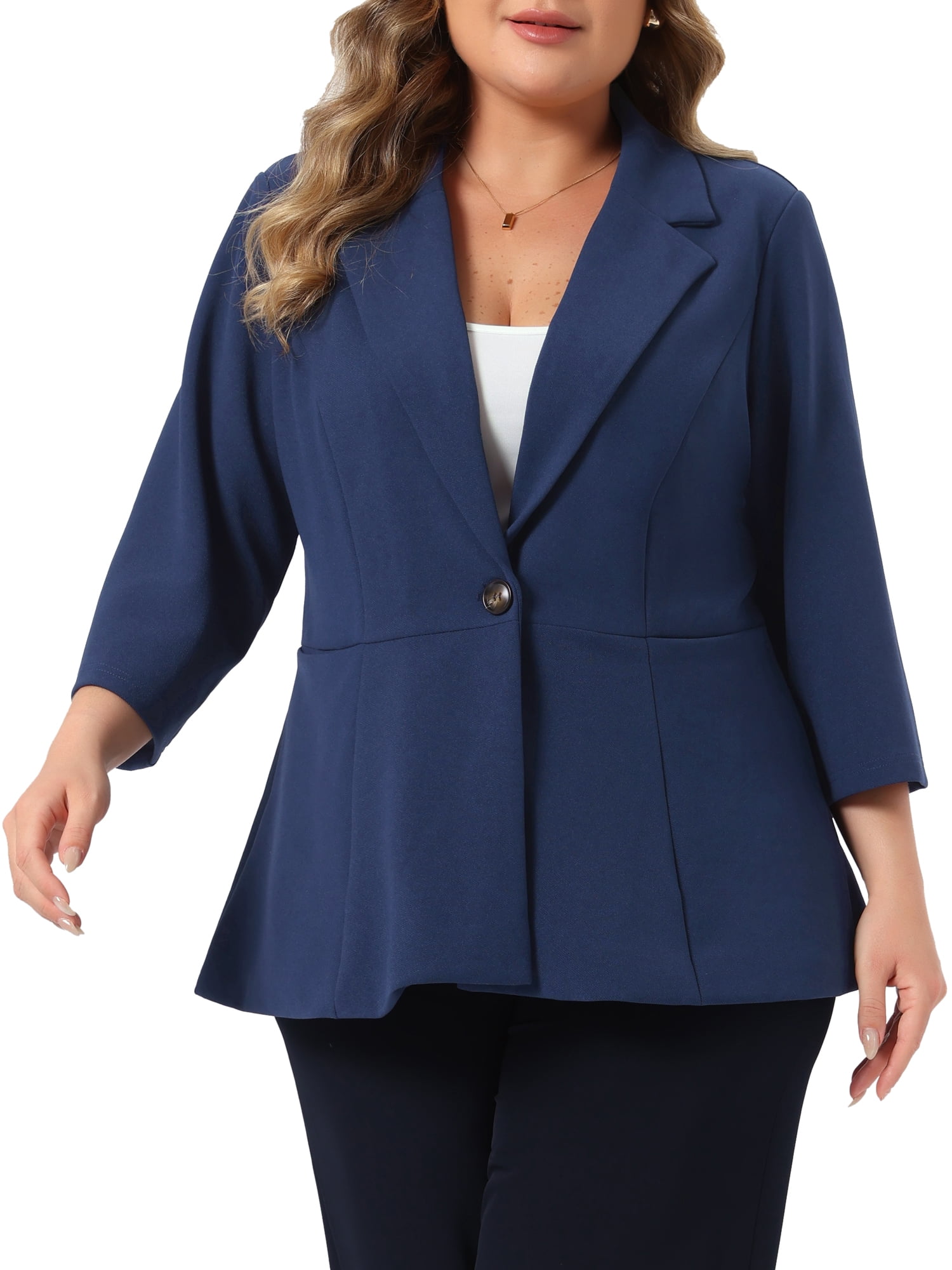 DARING DIVA Women's Plus One Button 3/4 Sleeve Peplum Blazer 3X Navy Blue