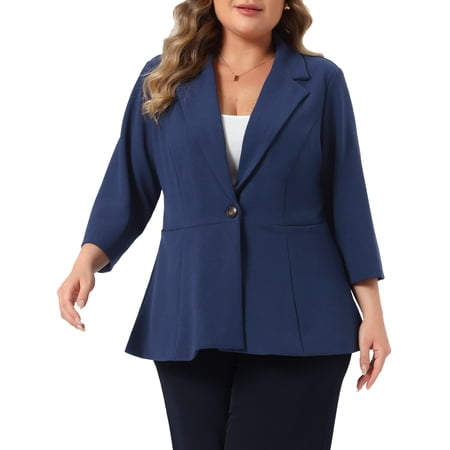 DARING DIVA Women's Plus One Button 3/4 Sleeve Peplum Blazer 4X Navy Blue