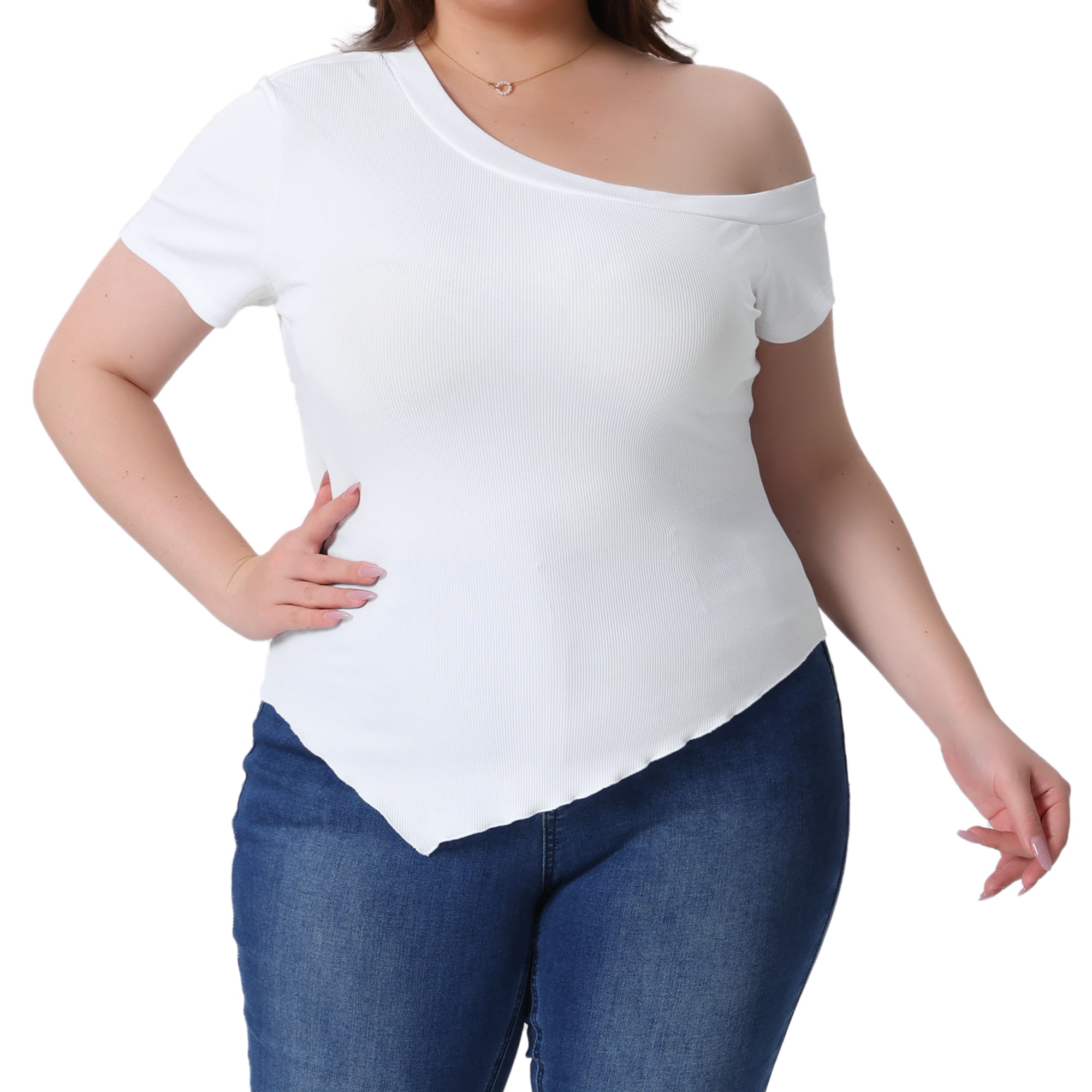 DARING DIVA Women's Plus One Shoulder Blouse 2X White