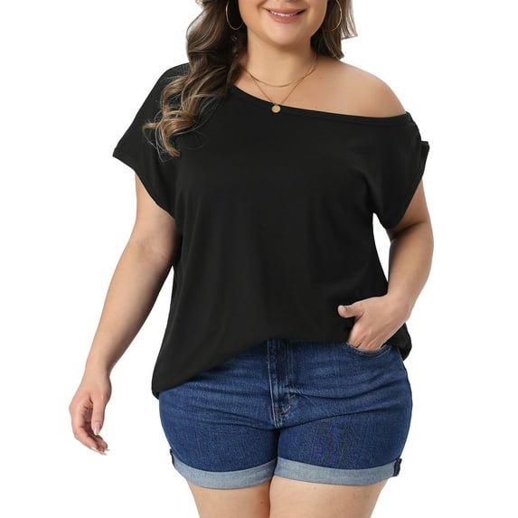 DARING DIVA Women's Plus One Shoulder Blouse Summer Top Basic Tee 1X Black