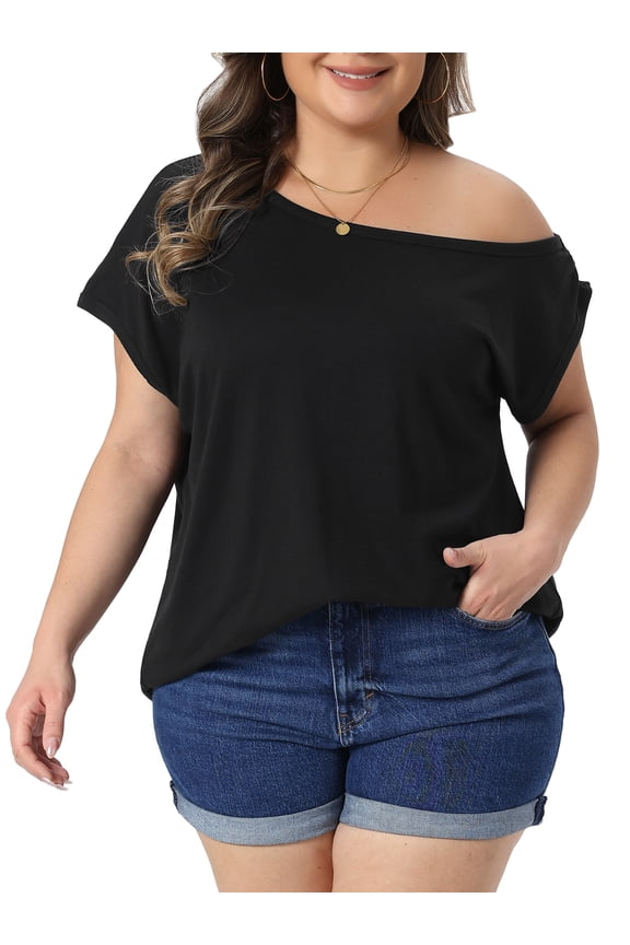 Women's Plus One Shoulder Blouse Summer Top Basic Tee 3X Black