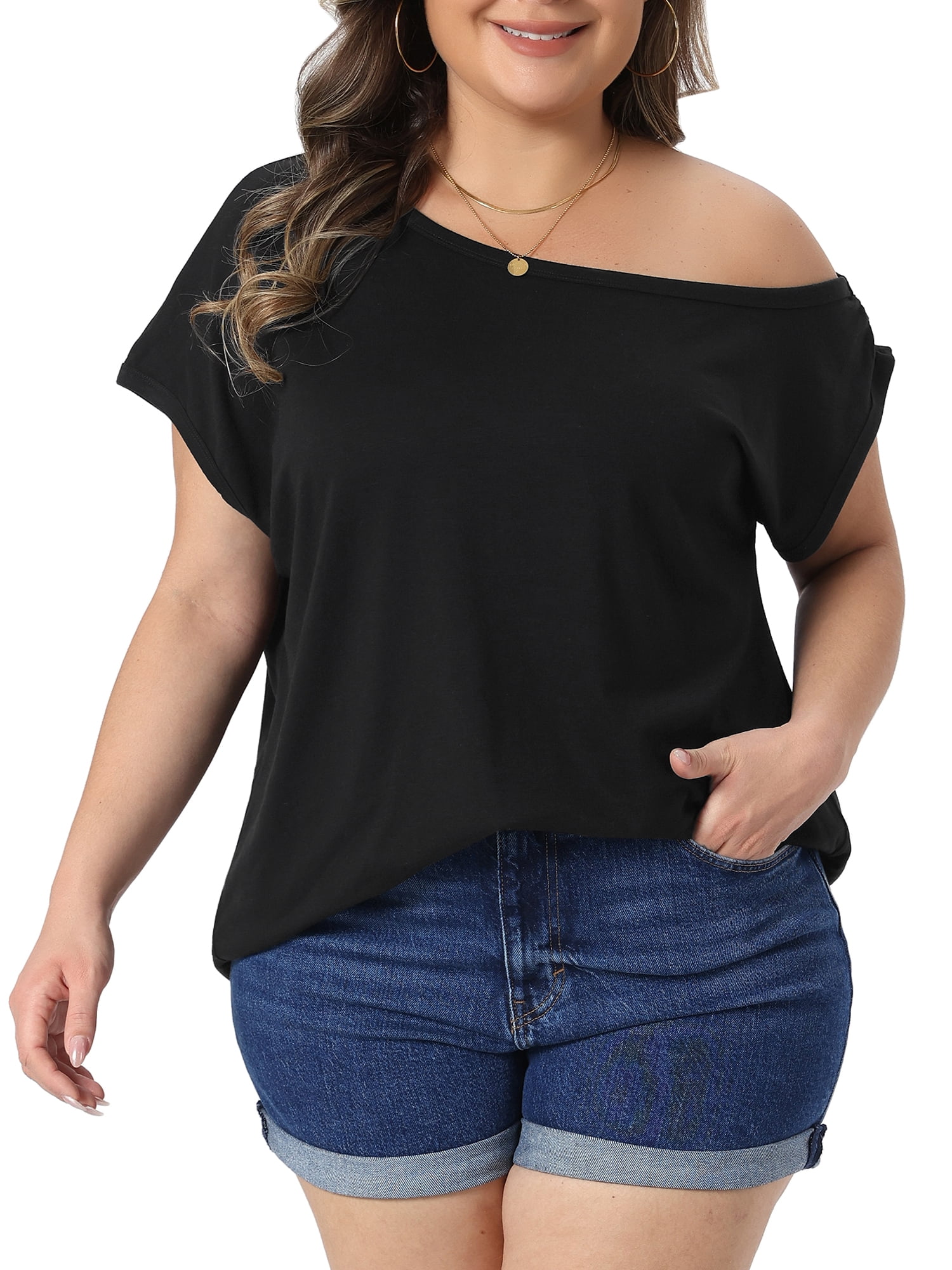 DARING DIVA Women's Plus One Shoulder Blouse Summer Top Basic Tee 4X Black