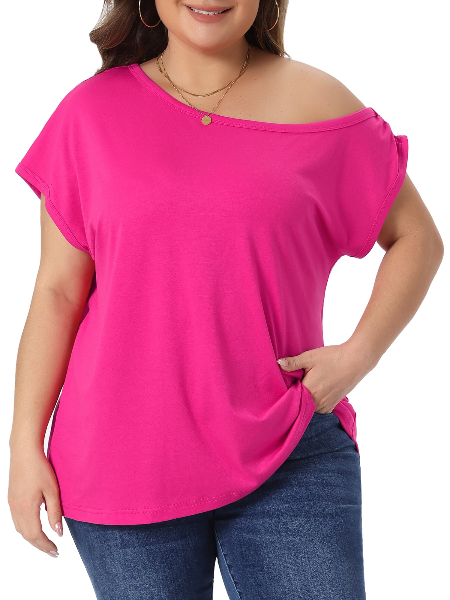 DARING DIVA Women's Plus One Shoulder Blouse Summer Top Basic Tee 4X Hot Pink