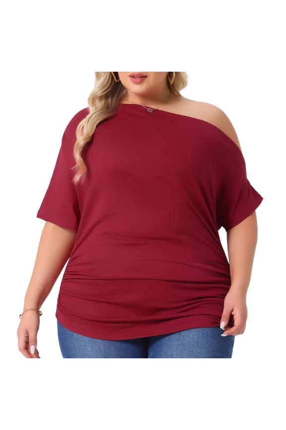 Women's Plus Tops One Shoulder Ruched Basic Blouses 1X Burgundy