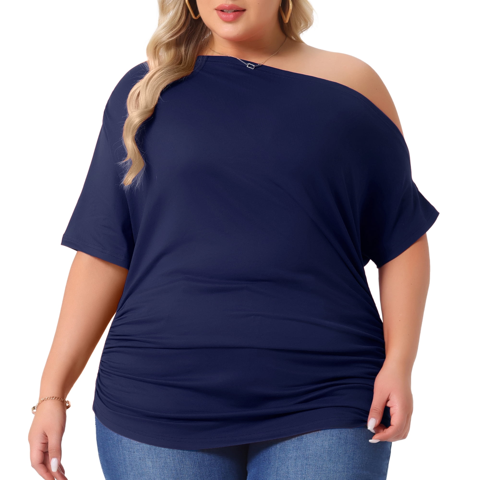Women's Plus Tops One Shoulder Short Sleeve Ruched Basic Blouses Summer Tee Tops 1X Dark Blue