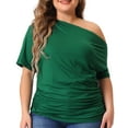 thumbnail image 1 of DARING DIVA Women's Plus Tops One Shoulder Ruched Basic Blouses 1X Dark Green, 1 of 6