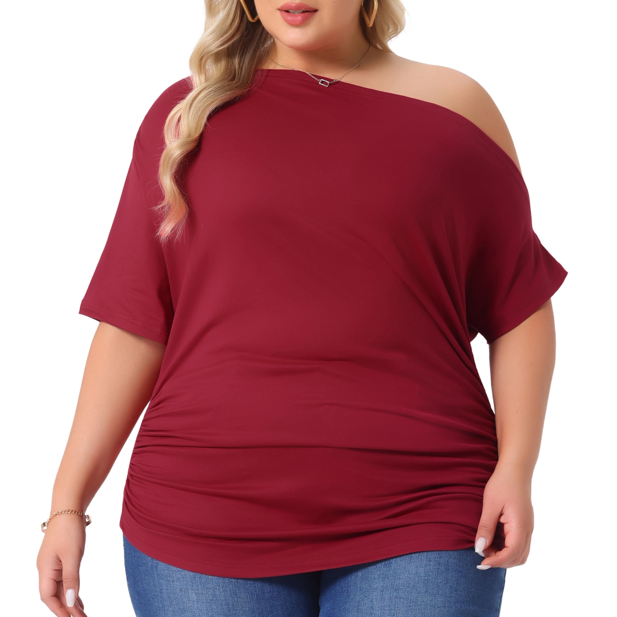 Women's Plus Tops One Shoulder Short Sleeve Ruched Basic Blouses Summer Tee Tops 3X Burgundy