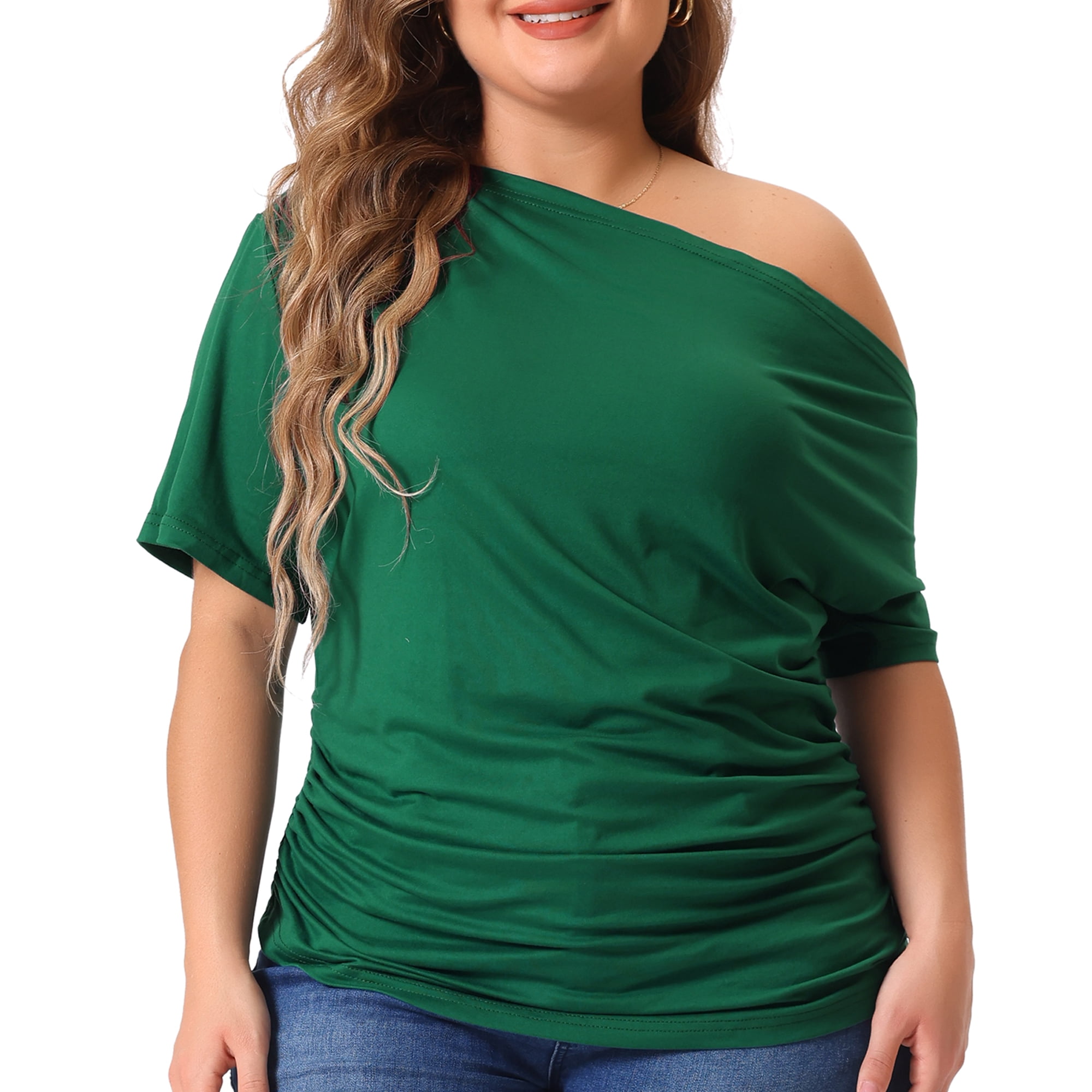 Women's Plus Tops One Shoulder Short Sleeve Ruched Basic Blouses Summer Tee Tops 4X Dark Green