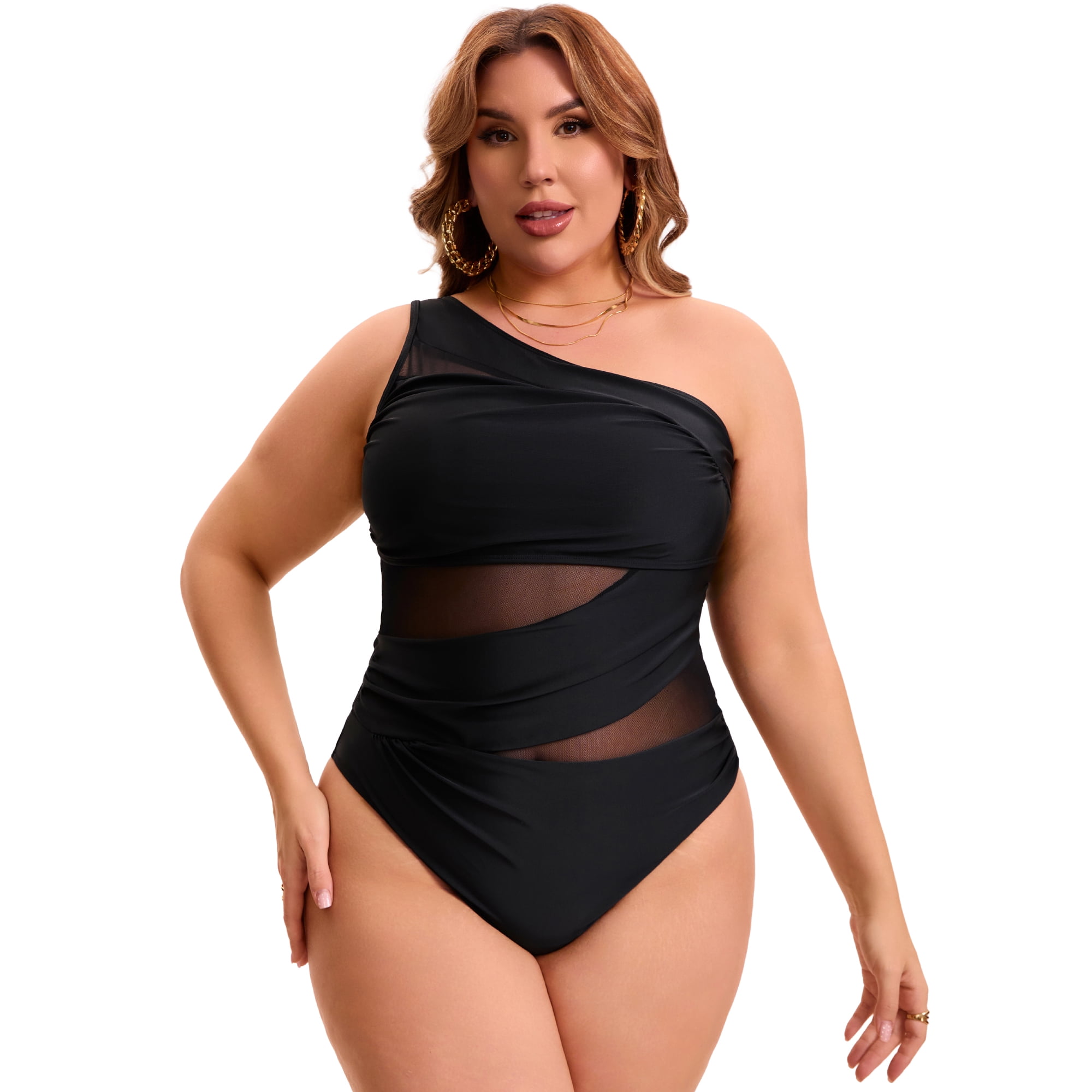 DARING DIVA Women's Plus One Shoulder Swimsuit with Mesh Detail 1X Black