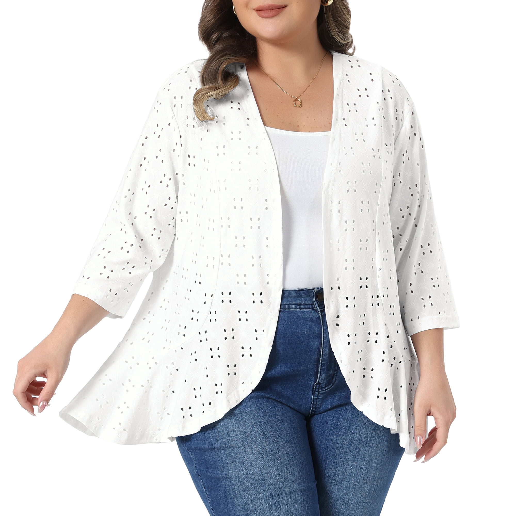 DARING DIVA Women's Plus Open Front 3/4 Sleeve Draped Ruffle Cover Up 2X White